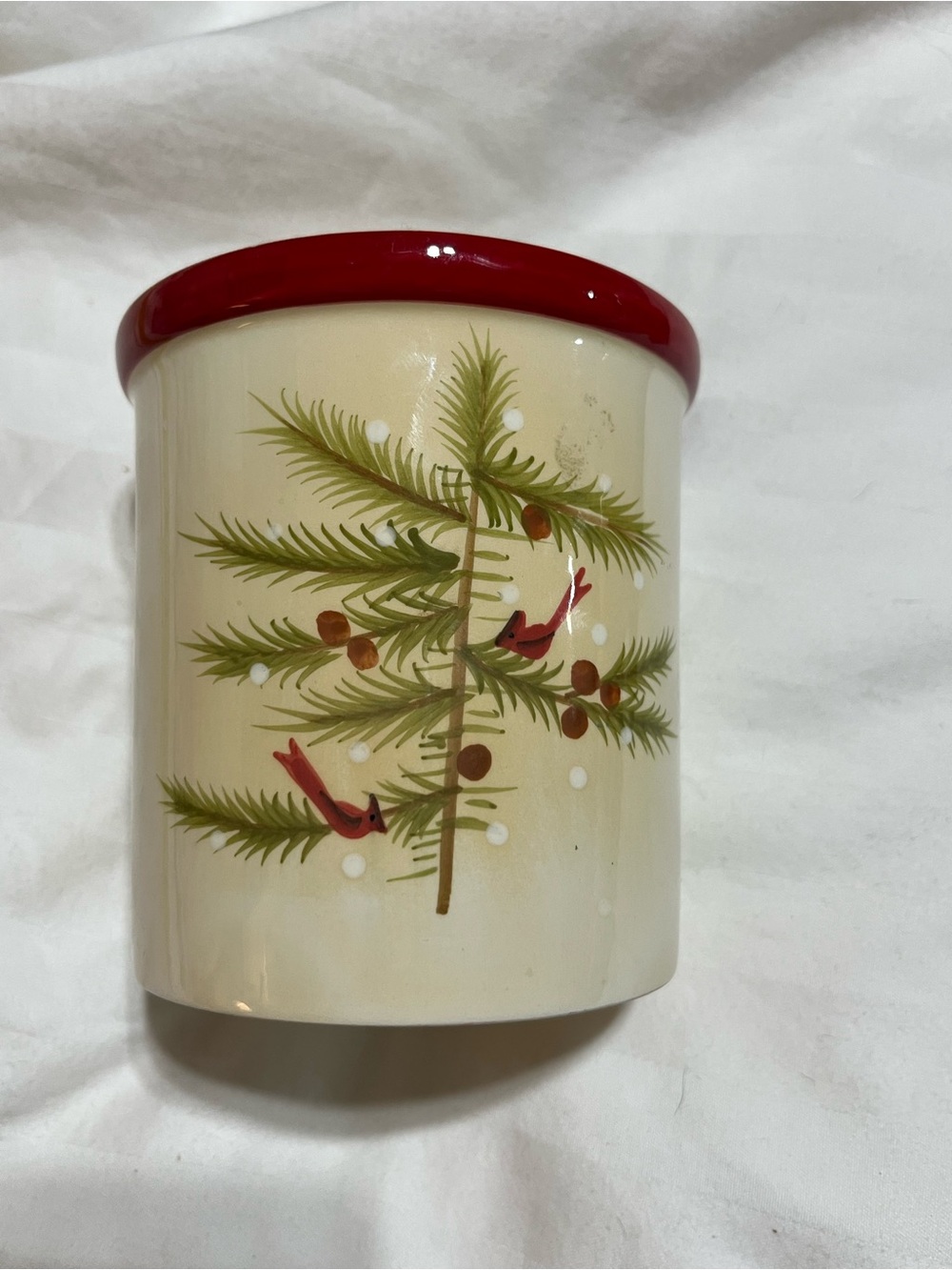 Holiday Ceramic Candle with Cardinal and Pine Design - Red Trim Cinnamon Scent